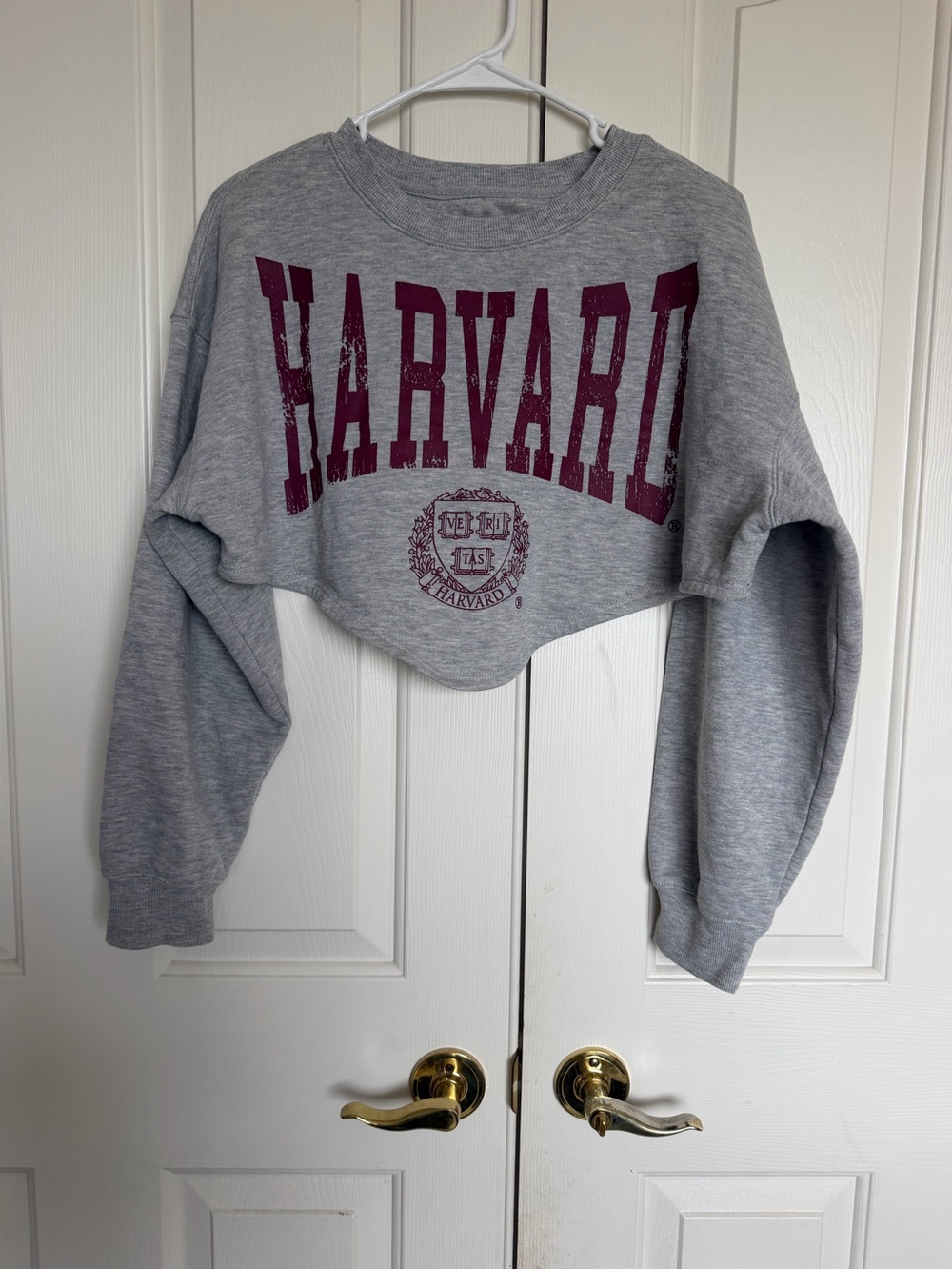 Harvard Cropped Crewneck Sweatshirt - Gray with Maroon Logo